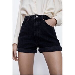 NWT! Zara Rigid Mom Fit Bermuda High-Rise Black Jean Denim Shorts